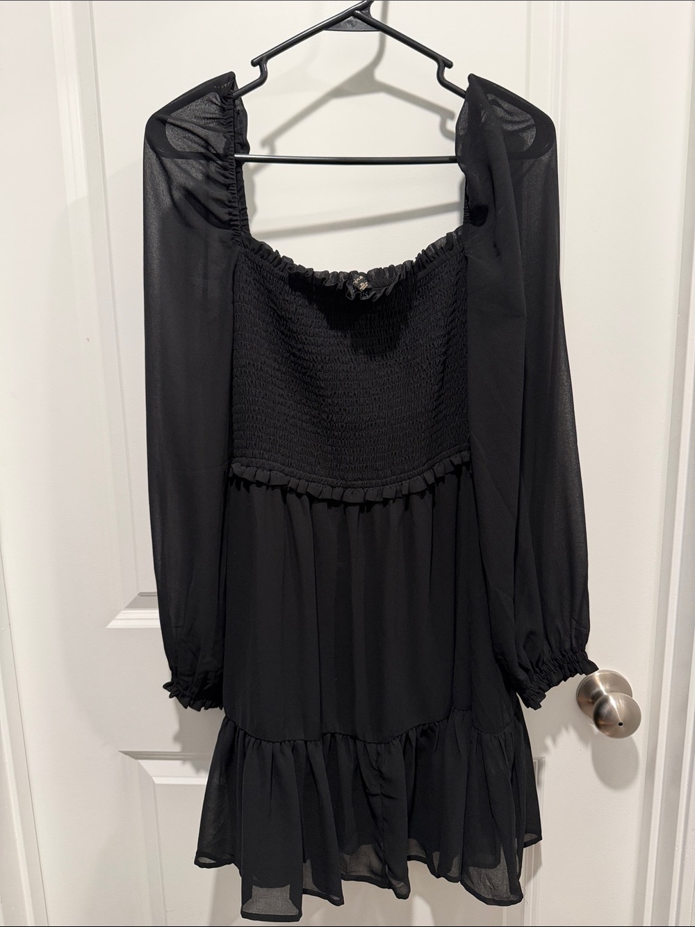 Shinestar Black Smocked Square-Neck Long Sleeve Mini Dress